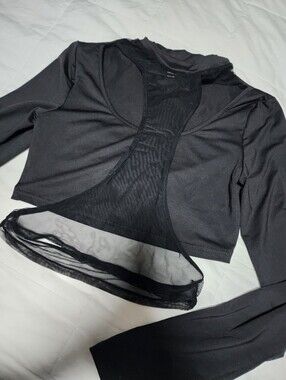 Black Mesh-Insert Long Sleeve Crop Top